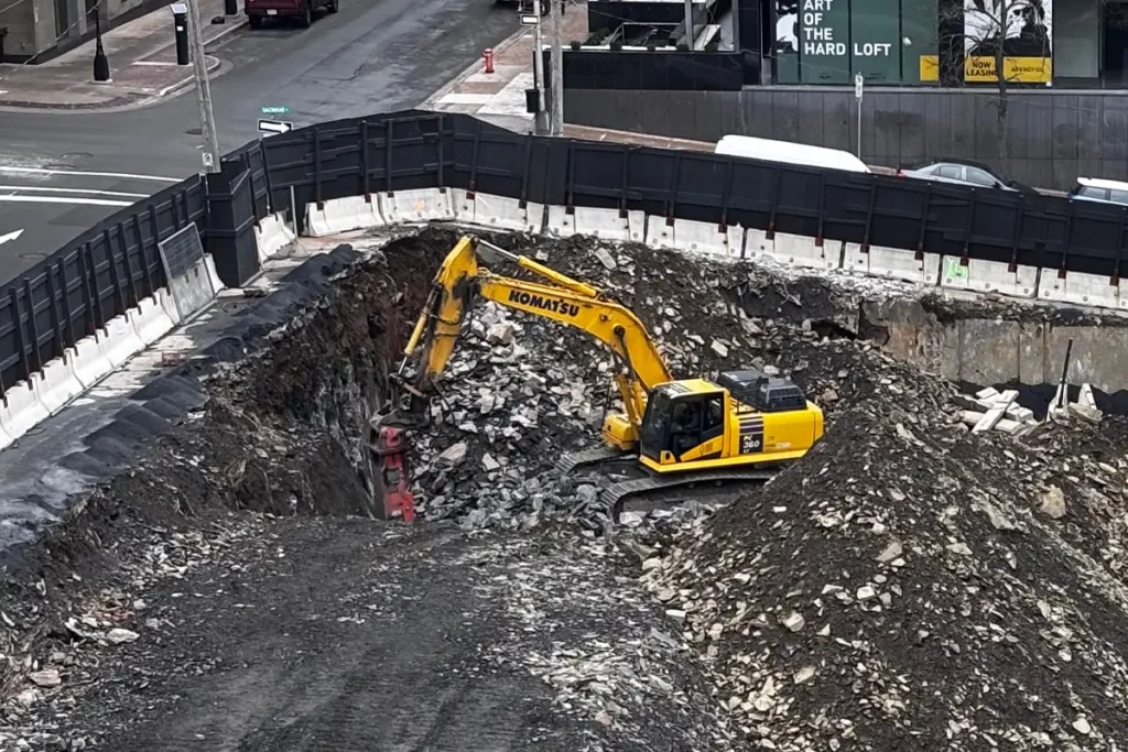 Rock excavation and drilling work underway at Skye Halifax development site in downtown Halifax